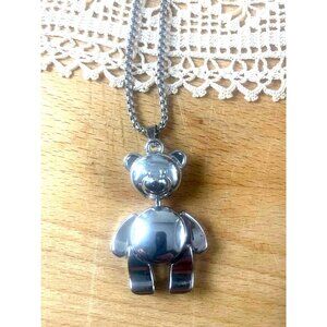 Silver Teddy Bear Pendant Necklace Movable Joints Articulated 24" Chain